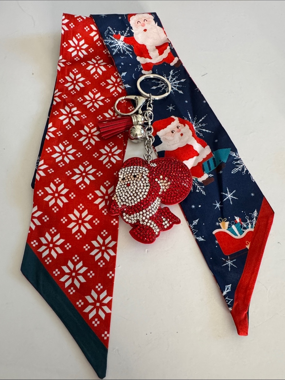 Mint Red & Navy Santa Keychain with Ribbon Card Holder